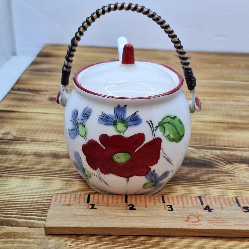Vintage Floral‎ White sugar jelly or candy jar with wicker handle 3x4